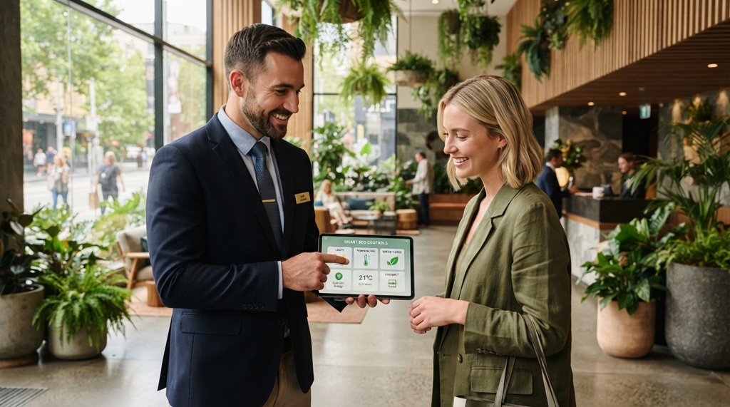 Male hotel manager showing a guest smart room controls in a green lobby.