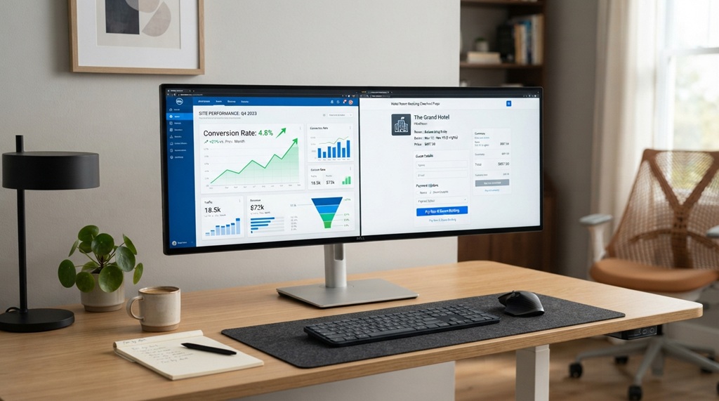 Analyzing hotel booking conversion charts on desktop screen in modern office.