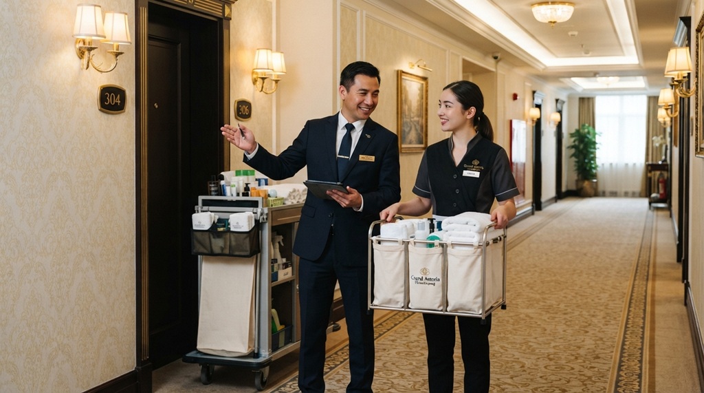 Male housekeeping manager guiding female staff member holding linen caddy in hallway.