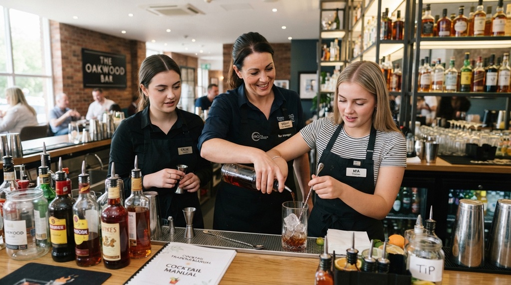 A manager teaching a hotel bartender proper cocktail pouring techniques during training.