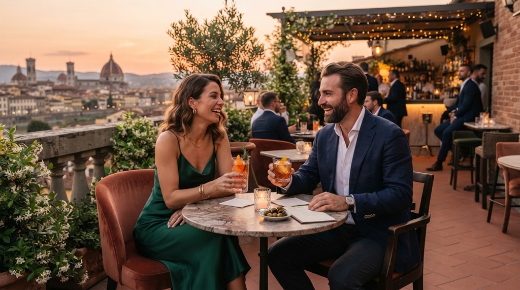 Elegantly dressed couple enjoying craft cocktails on a cozy rooftop terrace.