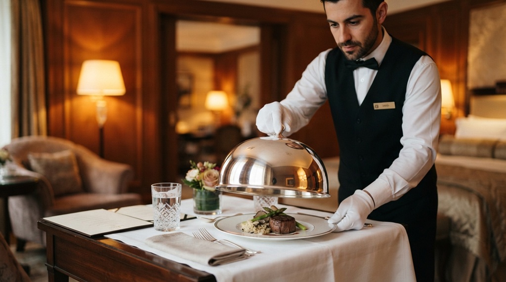 Hotel waiter placing a silver cloche plate on a table.