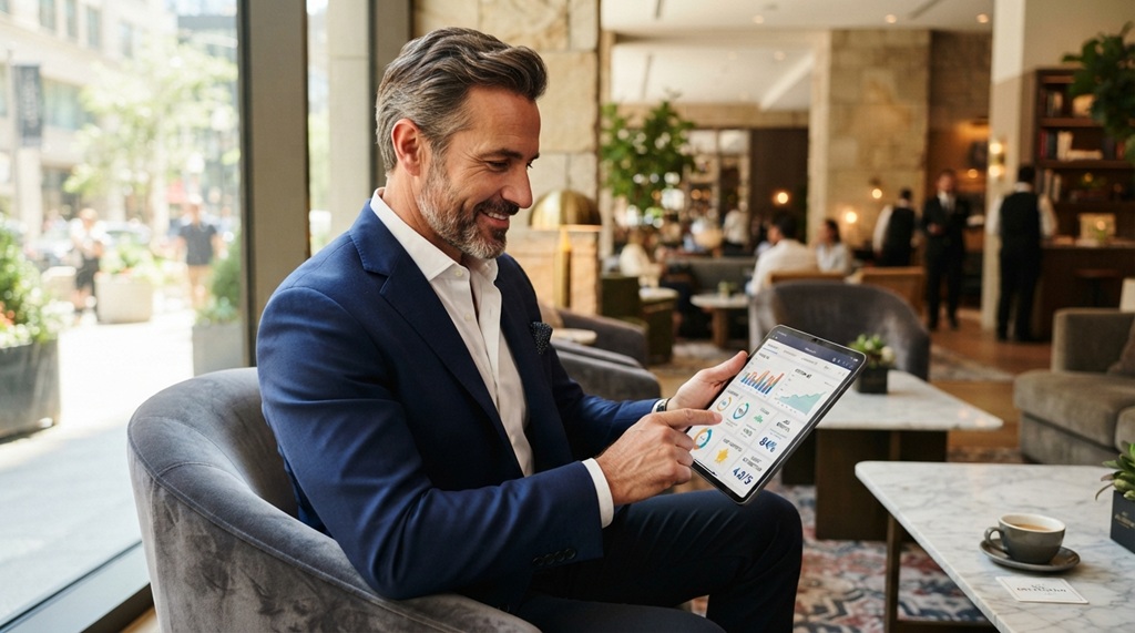 Male director analyzing hotel booking analytics on a tablet inside a modern lounge.