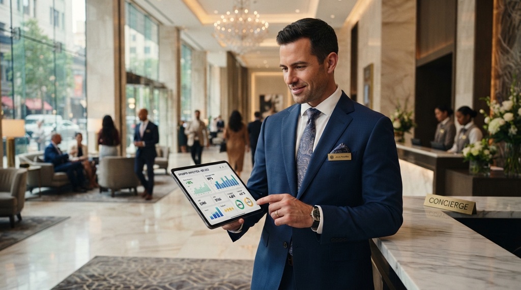 A male manager analyzing digital revenue reports in a hotel lobby.