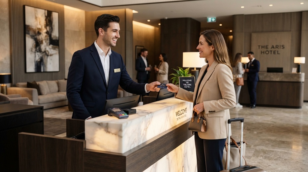 A male receptionist assisting a guest at a streamlined hotel check-in desk.