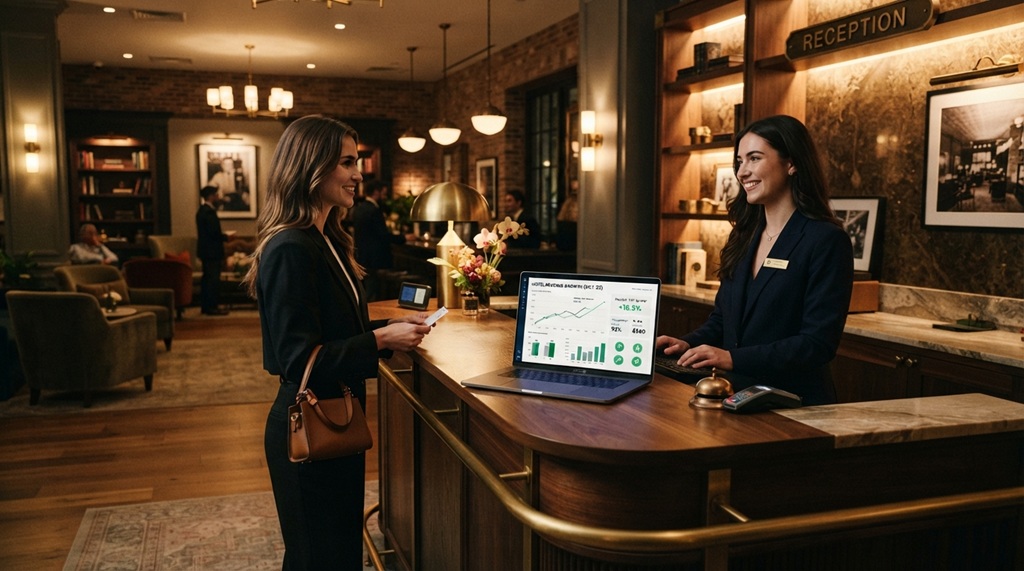 Hotel manager standing at a luxury reception desk with a modern dashboard.
